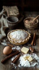 Fototapeta premium Homemade pie crust preparation with flour, butter, cinnamon, and eggs.