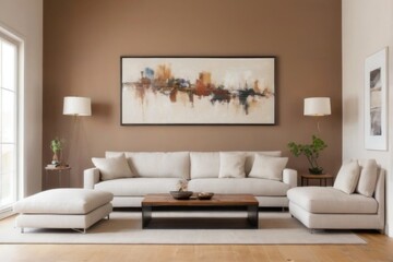 Contemporary Living Room Interior with Abstract Painting, White Sofa, and Modern Decor in Natural Light Setting
