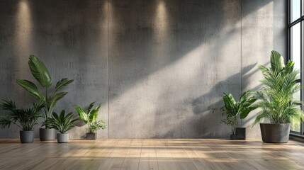 Sunlit minimalist room with potted plants and concrete wall.