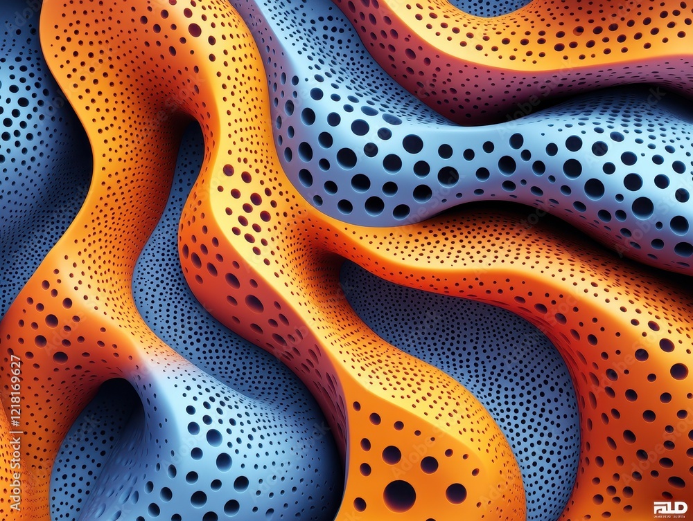 Poster Abstract colorful 3D shapes with perforations creating a dynamic surface.