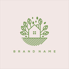 natural house line art. house and tree concept circle shape vector logo