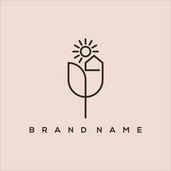line art flower, house and sun logo vector