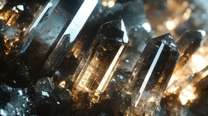 Smoky quartz crystals cluster, sharply lit. Ideal for geology, spirituality, or luxury themes.