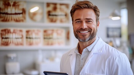 Smiling dentist holding tablet, dental office, models