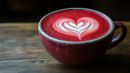 vibrant red latte with heart shaped foam art, perfect for romantic occasions. This delightful beverage adds touch of love to any breakfast or coffee moment