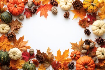 Autumn frame with pumpkins, leaves, and pine cones on white background.