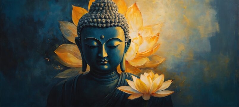Buddha Statue with Lotus Flower in Meditative Pose on Moody Blue Background. Ethereal and Serene Painting.