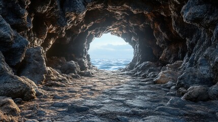 Dark cave with ocean view through round opening.
