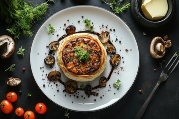 Gourmet mushroom and pastry dish.  A delicious culinary creation, beautifully plated for a fine dining experience.