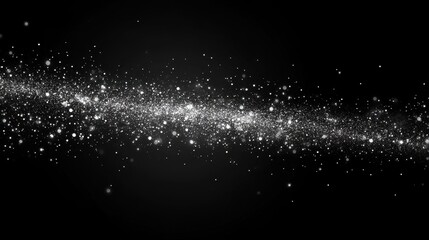 White glitter particles on black background, a sparkling, wavy stream of light. Ideal for adding a magical, festive touch to designs, or creating abstract backgrounds.