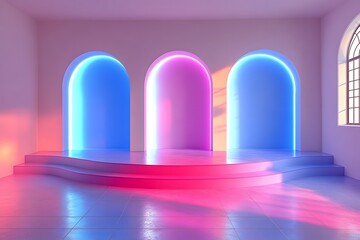 Fototapeta premium Rainbow in a stone corridor with columns and windows, featuring gothic arches and medieval architecture in an ancient building