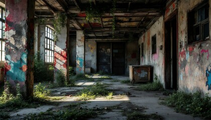 Fototapeta premium Sunlit Ruins: An Abandoned Building's Serene Decay
