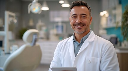 Confident dentist smiling, holding tablet, modern dental office