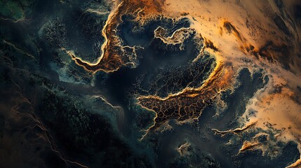 Aerial view of intricate natural patterns resembling abstract art in vibrant colors.