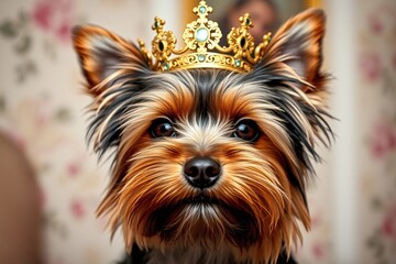 Naklejka premium A charming Yorkshire Terrier wearing a detailed golden crown, set against a soft floral patterned backdrop