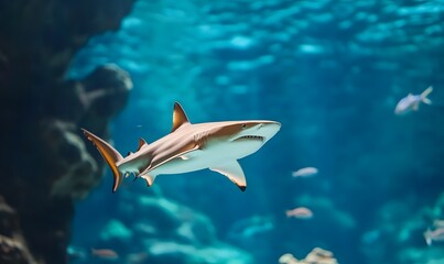 Fototapeta premium The shark tunnel in the aquarium is illuminated by sunlight, Generative AI 