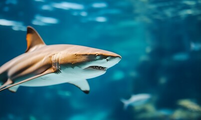 Obraz premium The shark tunnel in the aquarium is illuminated by sunlight, Generative AI 