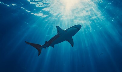 Fototapeta premium The shark tunnel in the aquarium is illuminated by sunlight, Generative AI 