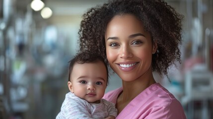 Fototapeta premium Smiling nurse holding baby, hospital background, healthcare (1)