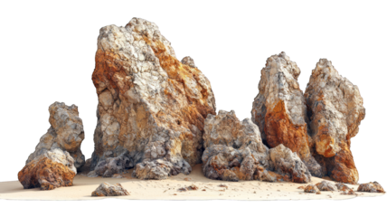 Jagged rocks on sandy beach, clear sky background, ideal backdrop