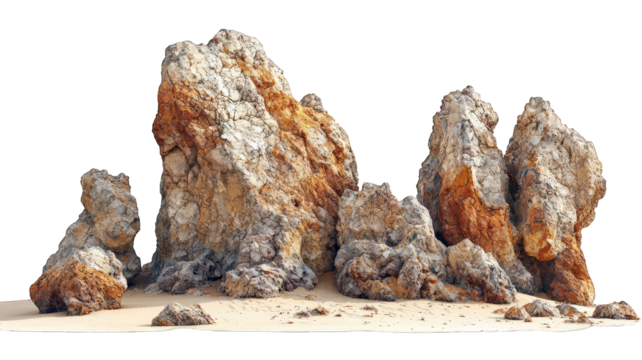 Jagged rocks on sandy beach, clear sky background, ideal backdrop