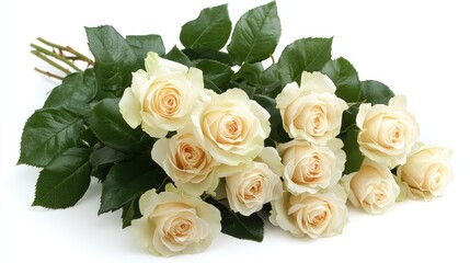 Obraz premium Cream roses bouquet, lush green leaves. Perfect for love, sympathy, or celebration themes.