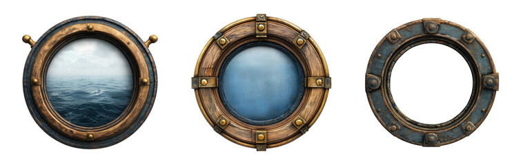 Set of Boat ship porthole isolated on transparent background, cut out