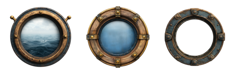 Set of Boat ship porthole isolated on transparent background, cut out