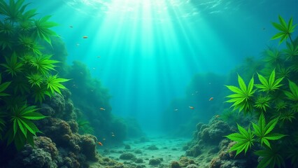 Fototapeta premium An underwater landscape with cannabis-like seaweed swaying in the ocean, surrounded by fish and coral. A serene and tranquil scene, blending cannabis with the calmness of the sea.