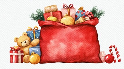 A cheerful watercolor illustration of Santa's red sack with a variety of festive gifts, including a teddy bear, baubles, and candy canes. Isolated on a transparent background.