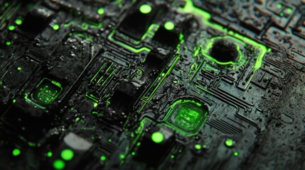 Fototapeta premium A close-up of a black and green halftone grungy surface, with glowing circuits and holographic cyberpunk interfaces floating above