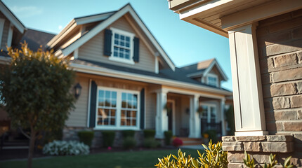Fototapeta premium Dream House Exterior: Brick Facade, Landscaping, and Architectural Details