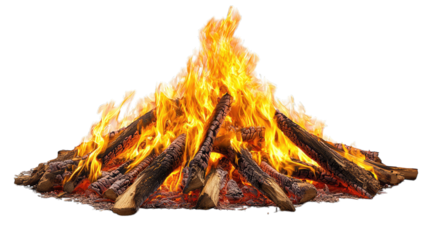 Large bonfire burning brightly against black backdrop, ideal for effects