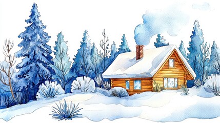 Fototapeta premium Cozy Wooden Cabin Surrounded by Snowy Pines in Winter Landscape
