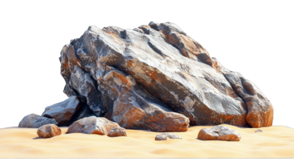 Large rock formation on desert sand with clear sky