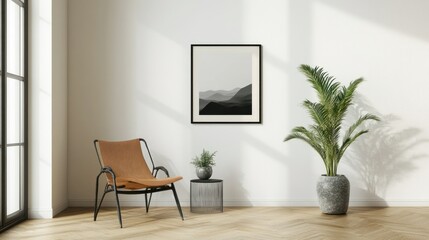 A minimalist living room with an ISO A paper size frame mockup on a white wall, accented by a single chair, a side table, and a potted plant.