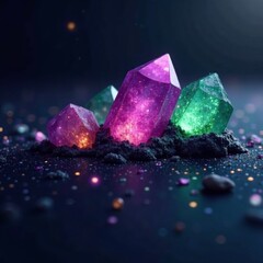 Obraz premium Glittering crystal formations on a dark surface, purple, galaxy, green