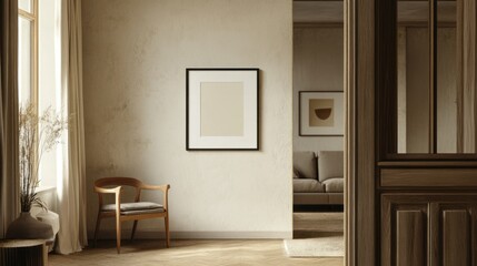 A modern living room with a minimalist frame mockup on the wall, featuring ISO A paper size. Neutral tones, wooden flooring, and a cozy sofa in the background.