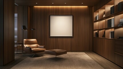 A modern living room with an ISO A paper size frame mockup on a wooden-paneled wall, paired with soft lighting and a leather armchair