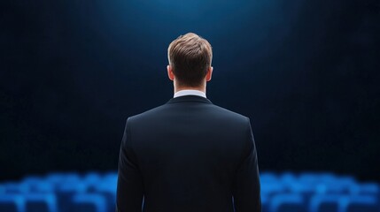 Man in suit observing stage during leadership coaching session with audience participation