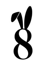Obraz premium Number 8 with rabbit ears design, Creative black number 8 with playful bunny ears on a white background, blending typography with a fun and whimsical design element. 