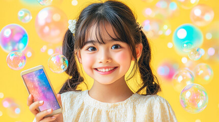 Adorable Little Girl Smiling with Smartphone and Soap Bubbles