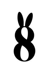 Obraz premium Number 8 with rabbit ears design, Creative black number 8 with playful bunny ears on a white background, blending typography with a fun and whimsical design element. 