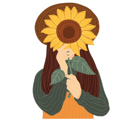 Cheerful Girl Holding a Sunflower.Cute vector cartoon illustration for International Flower Day on white background.	
