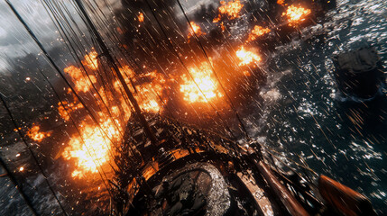 Epic Naval Battle: Fiery Explosions and Raining Chaos on the Open Sea