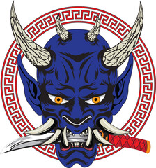 Japanese Demon Ghost With Knife On His Mouth Oni Mask Vector