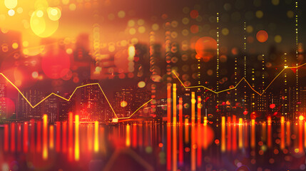 Abstract visualization of financial data with vibrant colors and cityscape background.