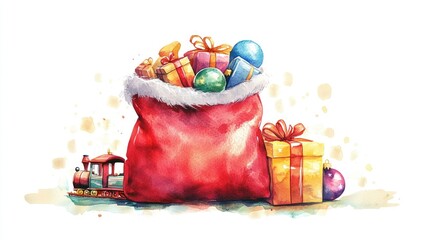 A vibrant watercolor illustration of Santa's red sack overflowing with presents, featuring Christmas baubles and a toy train. Isolated on a transparent background