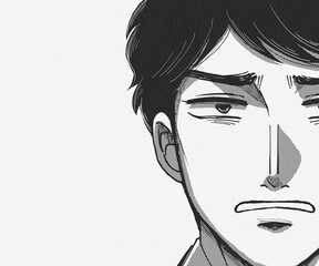 手描き白黒漫画イラスト・難しい顔をして考えている人