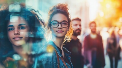 A woman with glasses and a man with a beard stand in front of a crowd of people